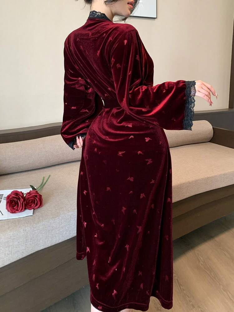 Butterfly Print Lace Patchwork Loose Long Sleeve Women Sleepwear Robe