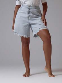 MUSERA Plus Size Mid Rise Distressed Light Wash Longline Denim Shorts Spring Summer Elegant Cute Vacation Casual Everyday Core Denim - Blue - View 2