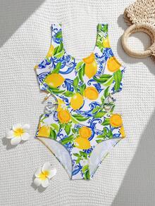 Tween Girls Lemon Print Hollow-Out One-Piece Swimsuit - Yellow - View 1
