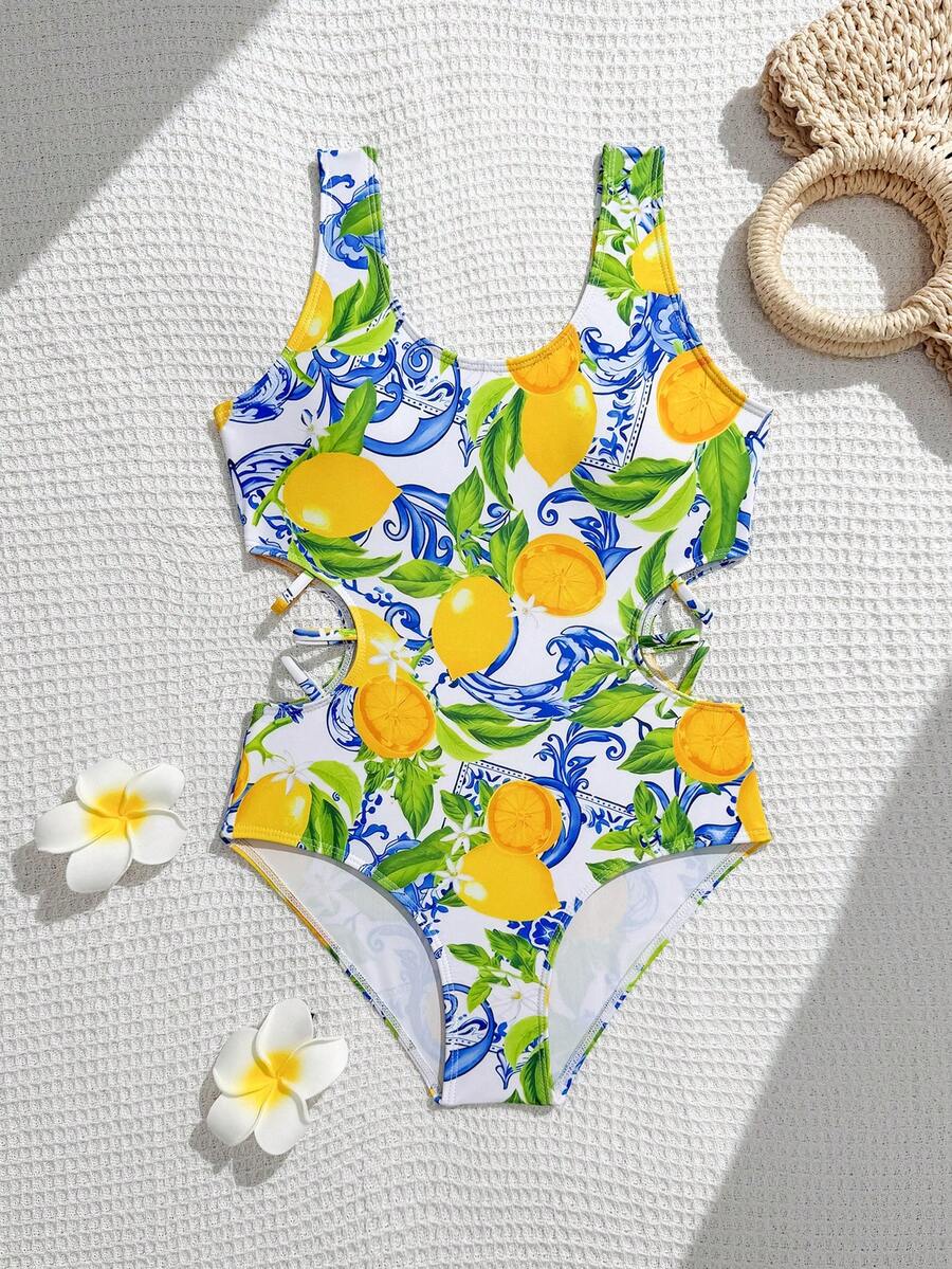 Tween Girls Lemon Print Hollow-Out One-Piece Swimsuit - Yellow - View 1