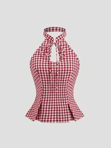 Sweetra Women's Plaid Print Halter Twist Fitted Elegant Tank Top, Spring/Summer - Red and White - View 4