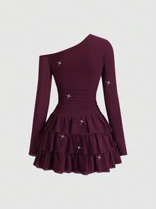 Sweetra Damen elegantes Party Sexy asymmetrischer Ausschnitt Glitzer Stoff Mode Rüschen Saum Langarm Kleid, Herbst/Winter - Rot - Übersicht 2