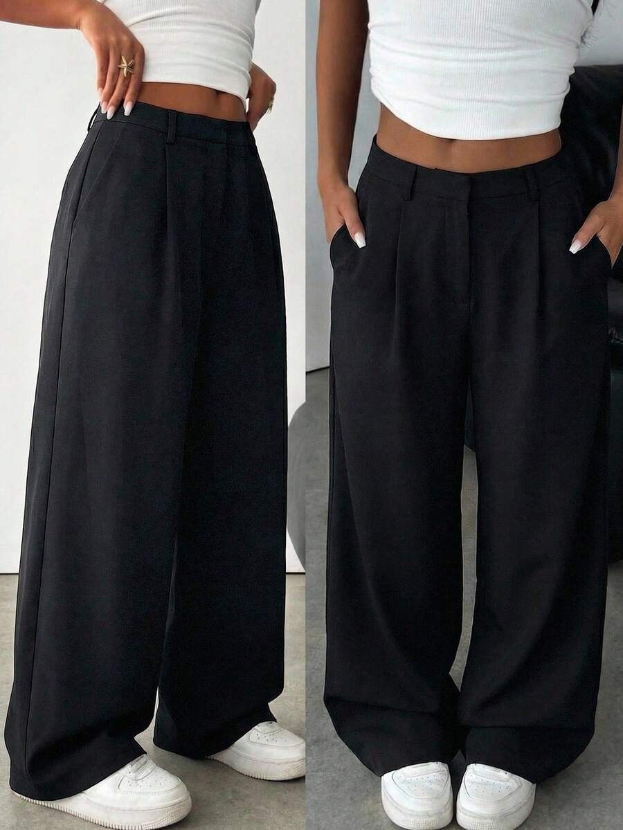 SHEIN 少女长裤 商务休闲裤 西部牛仔风 阔腿裤 办公室女郎宽松裤 专业职业装 灰色 - 黑色 - 查看 1