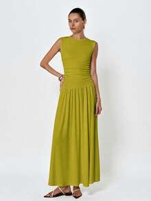 Aveloria Modichic White Minimalist Sophisticated Pleated Crew Neck Sleeveless Dress - Green - View 4