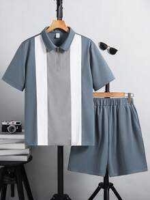 SHEIN 两件套青少年男童休闲学院风撞色Polo衫短裤套装，适合通勤、上学、日常休闲穿着及运动，春夏男童夏季套装，男童度假装 - 彩色 - 查看 2