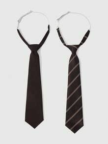 ROMWE Kawaii 2pcs Handmade Solid Color & Diagonal Stripe Combination Polyester Necktie, Unisex For Students & Adults, Suitable For Various Occasions Such As Daily Wear, School Uniform, And Business Suit - Brown - View 1