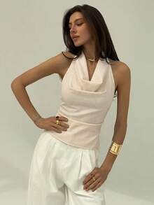 Aloruh Áo kiểu thời trang gợi cảm dành cho nữ, cổ yếm xẻ sâu, buộc dây sau lưng, họa tiết sọc. - Màu be - Xem 5