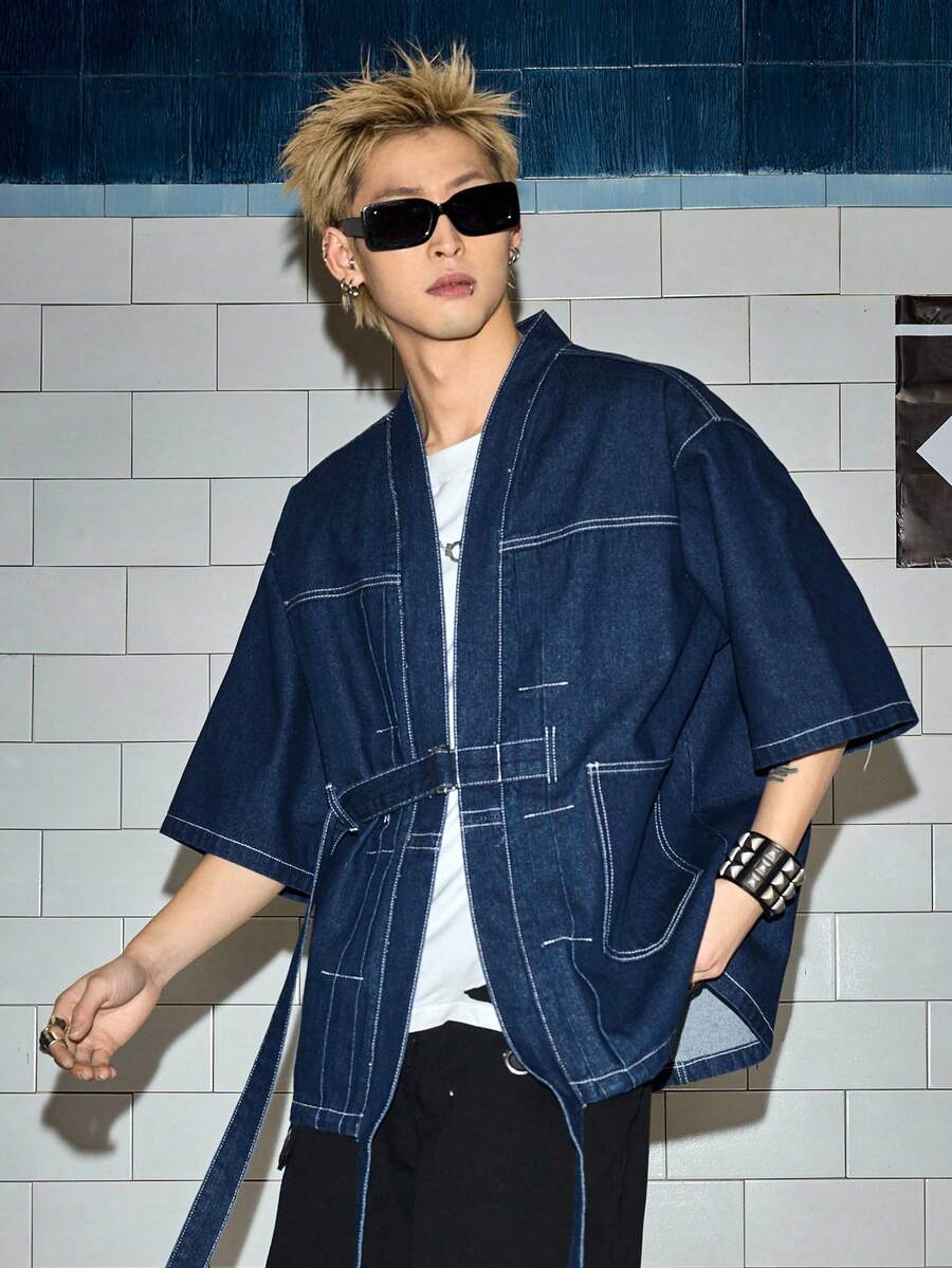 ROMWE MEN Friday the 13th X ROMWE 男士宽松牛仔衬衫，带缎带 - 黑色 - 查看 1