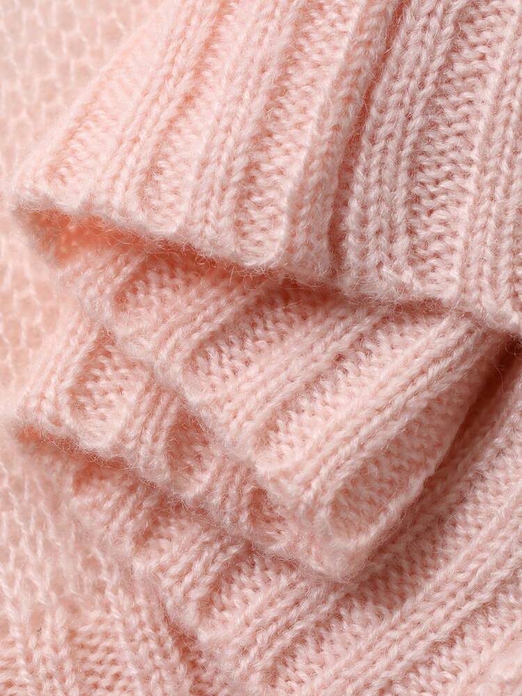Women's Pink Soft & Sweet Ruffled Hem Korean Style Long Sleeve Knit Sweater