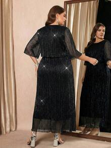 Reflora Plus Size Solid Color Round Neck Raglan Mid-Sleeve Elegant Minimalist Long Dress - Black - View 2