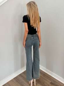 Sydney Algeri 女士口袋休闲喇叭牛仔裤 Y2K 街头风低腰牛仔裤 - 薄荷藍 - 查看 2