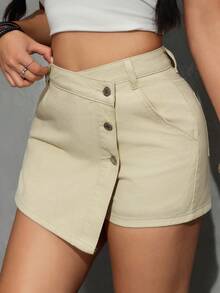 SHEIN PETITE Celana Pendek Denim Kasual Wanita Warna Polos Model Lilit, Musim Panas, Wanita Bertubuh Mungil - Kuning muda - View 4