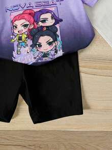 SHEIN 2件套女婴针织可爱渐变色圆领T恤和短裤套装 - 彩色 - 查看 5