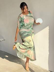 Firerie Vestido de manga larga con estampado abstracto verde para mujer de talla grande, elegante, minimalista, romántico, para el Día de San Patricio, vacaciones, fiestas y uso diario, primavera/verano - Multicolor - Ver 2