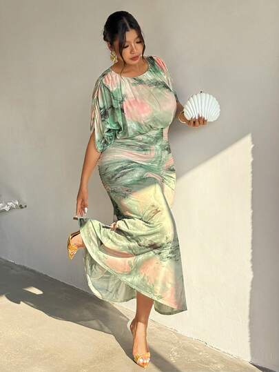 Firerie Plus Size Women's Elegant Minimalist Chic Romantic St. Patrick's Day Vacation Party Daily Abstract Green Print Long Sleeve Dress, Spring/Summer