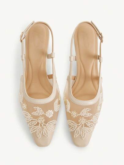 CUCCOO CHICEST 新款刺绣网纱串珠方头中跟黑色时尚优雅派对踝带高跟鞋，女士款