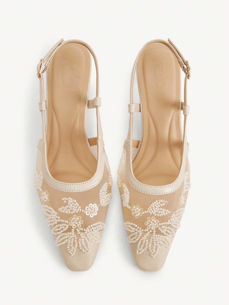 CUCCOO CHICEST New Embroidered Mesh Beaded Square Toe Mid-Heel Black Fashion Elegant Party Ankle Strap Pumps For Women - Beige - View 1