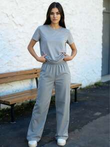 Set 2 piezas acanalado de blusa holgada con cordón en frente hombros caídos y pantalón acampanado con bolsas laterales y cordón en pretina de cintura tela fresca - Gris - Ver 1