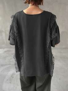 FRIFUL Women's Round Neck Multi-Layer Mesh Patchwork Loose Lantern Sleeve Shirt With Bow Tie Collar - Grey - View 4