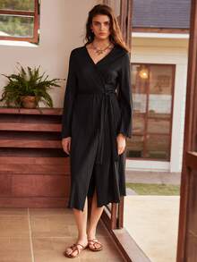 Women's Bohemian Casual Vacation Relaxed Comfortable Baby Cotton Flare Sleeve Tie-Up Loose Jacquard Knit Cotton Robe - Black - View 1