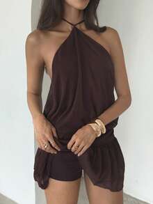 Aloruh Purple Chiffon Backless Jumpsuit, Elegant For Commute, Daily, Party, Vacation - Purple - View 6