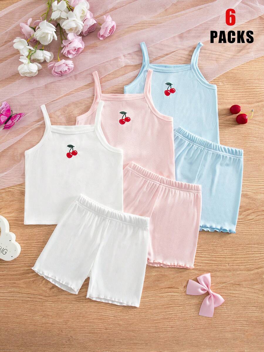 6pcs/Set Young Girl's Spring/Summer Embroidered Bow Camisole&Shorts Underwear Set,Girls Tank Top Sets Night Summer Short Sets - Multicolor - View 1