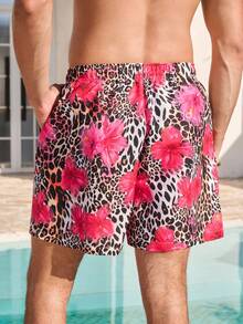 Manfinity VDAYZ Quần short đi biển nam mùa hè in họa tiết da báo và hoa, cạp chun, quần bơi nam in họa tiết da báo, quần bơi nam in họa tiết báo đốm, quần bơi nam màu hồng in họa tiết báo đốm. - Nhiều màu - Xem 2
