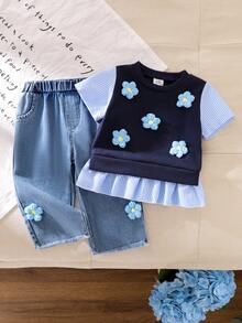 Conjunto de 2 piezas de niña bebé con top de manga corta de rayas y decoración de flores de punto azul, combinado con pantalones vaqueros azules casuales - Azul - Ver 3