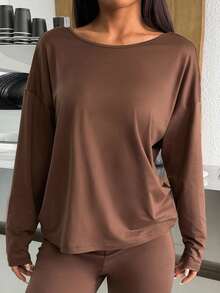 SHEIN EZwear 1件女士棕色纯色落肩长袖扭结后背休闲T恤 - 咖啡棕 - 查看 4