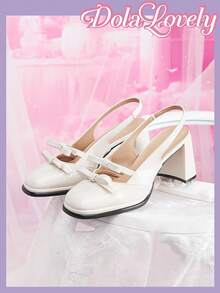 Dola Lovely 白色亮面粗跟双蝴蝶结后跟露趾高跟鞋，适合搭配JK制服、通勤、日常穿着、校园时尚，百搭，洛丽塔风格 - 白色 - 查看 5