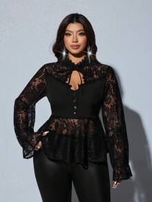 Viva Relle Elegante Spitzen-Patchwork Bluse mit langen Ärmeln für Damen in Große Größen, Lässig & Slim Fit - Schwarz - Übersicht 1