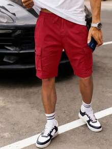Manfinity Homme Men's Loose Fit Drawstring Waist Flip Pocket Cargo Shorts Red Summer Outfits For Men Streetwear Men Shorts Men Cargo Short Pants Men's Red Jogger Shorts Red Shorts For Men - Red - View 3