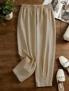 Linhara Plus Size Women's Casual Floral Lace Trim Khaki Linen Blend Pants, Early Spring - Khaki - View 2