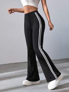SHEIN EZwear 春季黑色条纹喇叭裤 - 黑色 - 查看 4
