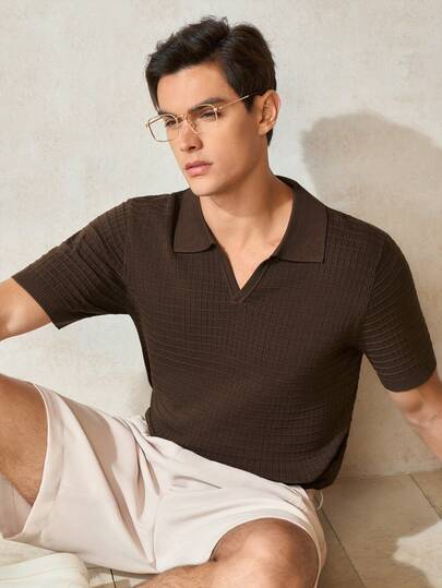 RONVEXI Men's Loose Lightweight Premium Knit Seagull Collar Polo Shirt - Striped Airplane Collar Short Sleeve, Cool & Comfortable Summer Fashion Casual Essential Men Buttoned Knitted Polo Brown Tops For Men Men V Neck Ribbed Ribbed Knit Polo Brown Short Sleeve Polo Men Knitted Polo Men V-Neck Shirt Brown Knitted Polo