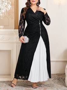 Reflora Đầm ren thanh lịch dành cho nữ cỡ lớn, cổ chữ V xếp lớp, phối nhiều mảnh vải, viền xếp ly. - Đen và trắng - Xem 6