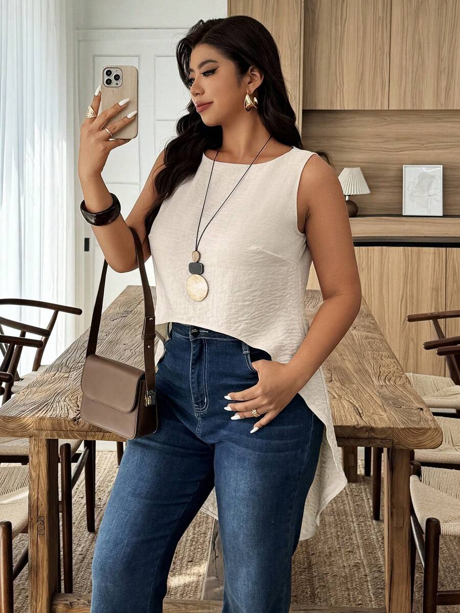 Weeklong Plus Size Women Sleeveless Asymmetric Front Short Back Long Casual Holiday Shirt - Apricot - View 1