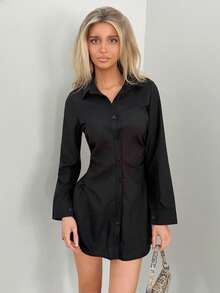 Sydney Algeri Vestido Camiseta Feminino Ajustado Franzido de Cor Sólida - Preto - Visão 4