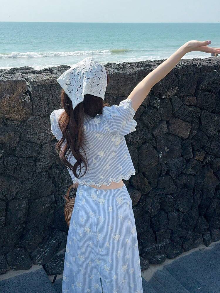 Women's Striped Short Puff Sleeve Tassel Front Tie Blouse And Skirt Casual 2 Pieces Set Summer