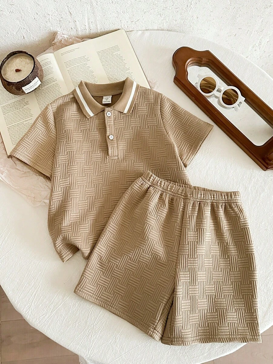 2件套女童针织领休闲T恤和短裤套装 - 彩色 - 查看 1