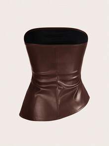 Siren Gaze 女士皮革上衣时尚褶皱不对称下摆抹胸，适合外出和派对圣诞上衣 - 咖啡棕 - 查看 2