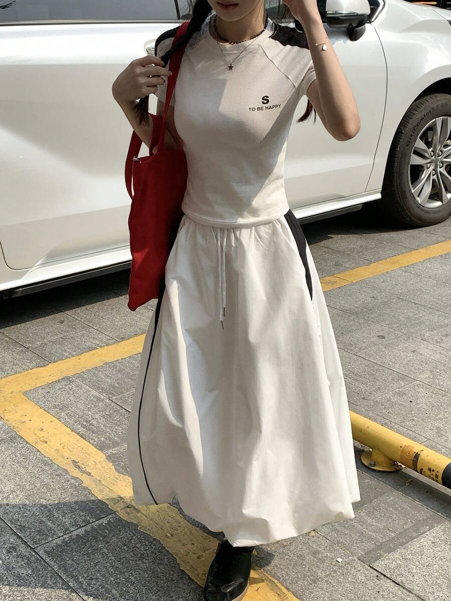 DAZY 女士白色花苞半身裙，高腰A字独特设计性感长裙，两件套，夏季 - 黑與白 - 查看 1