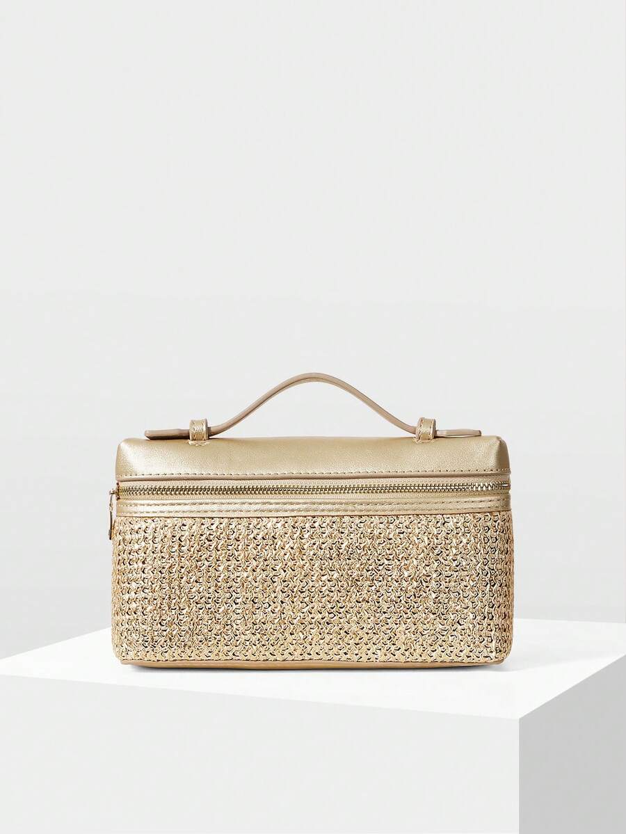 MOTF PREMIUM WOMEN'S FASHIONABLE AND ELEGANT GOLD HANDBAG BOX BAG, SUITABLE FOR DAILY COMMUTING, DATING AND SHOPPING, SUMMER VACATION - Golden straw weaving - View 2