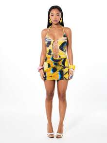 SUMWON WOMEN Butterfly Print Slinky Cut Out Halterneck O Ring Mini Dress With Vibrant Abstract Pattern For Party And Summer Events - Multicolor - View 3