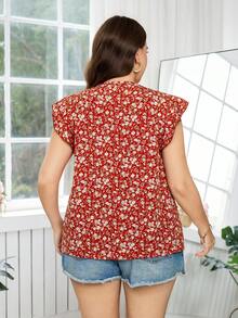 SHEIN Clasi 大码女式休闲碎花短袖V领衬衫 - 彩色 - 查看 3