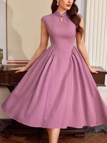 Vintamour 复古经典优雅女式连衣裙，春夏修身新款中式旗袍领连衣裙，纽扣连衣裙，粉紫色连衣裙 - 粉色 - 查看 5