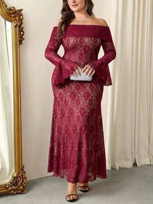 Firerie Plus Size Elegant Wedding Nude Contrast Lining Off Shoulder Lace Dress,Women's Autumn Casual Vacation Party High-Low Hem Ruffle Sleeve Long Dress - Burgundy - View 4