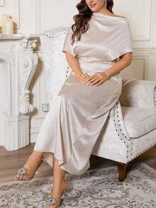 Firerie Plus Size Elegant Casual Vacation Minimalist One Shoulder Open Shoulder Ruched Satin Fabric High-End Commute Office Versatile Daily Basic Straight H-Line Women Short Sleeve Dress, Spring/Summer Satin Maxi Dress Modest Elegant Dress Plus Elegant Dress Silver Elegant Dress Curve Elegant Dress Spring Outfit Women Spring Dress For Women - Apricot - View 7