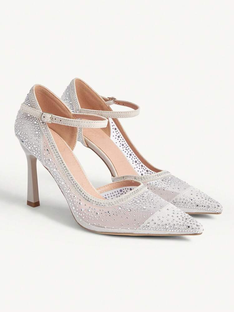 CUCCOO CHICEST Women's Pointed Toe High Heel Shoes, Rhinestone Decor Mesh Fabric, Fashion Comfortable For Daily, Party, Banquet, Buckle Strap Design Elegant Shoes Wedding Shoes Summer Shoes Bride Shoes
