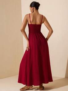 Vesra Women's Burgundy Spaghetti Strap Backless Fitted Dress - Burgundy - View 2